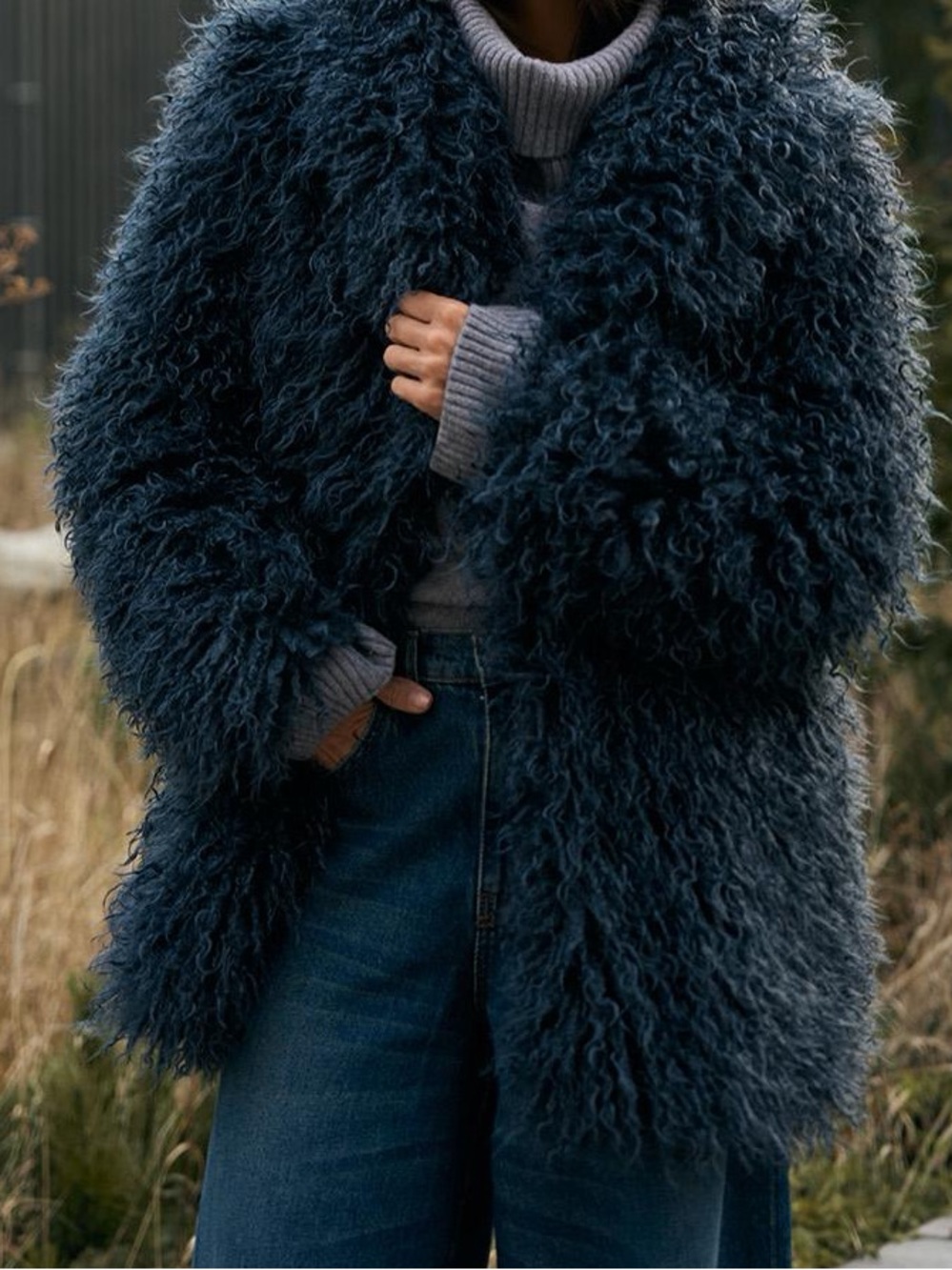 Zara Basic Shaggy Faux Fur Coat Blue/Emerald Size S